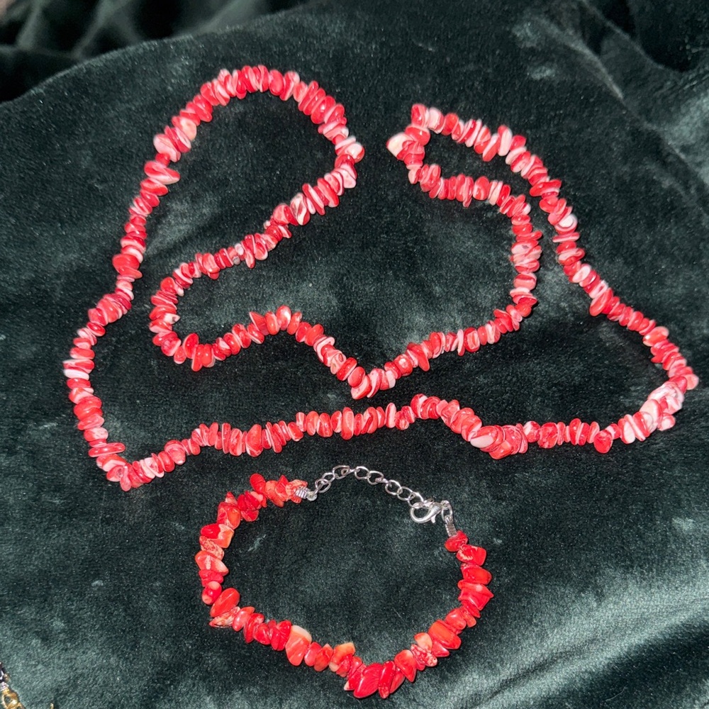 Red Coral Beaded Necklace and Bracelet Set